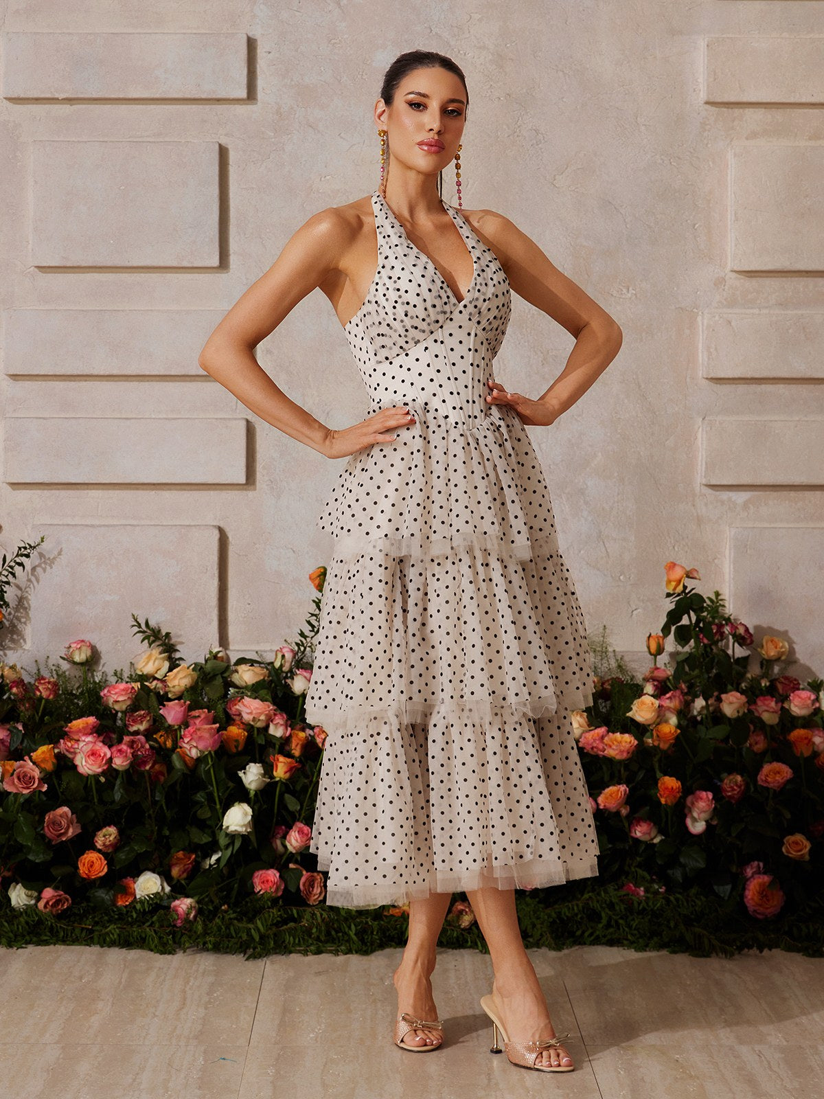Zalvarya Halterneck Dot Tiered Midi Dress