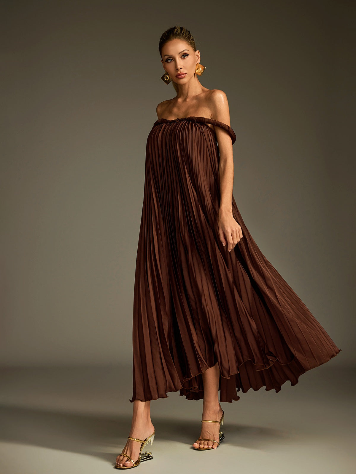 Lucetta Off Shoulder Pleated Midi Dress