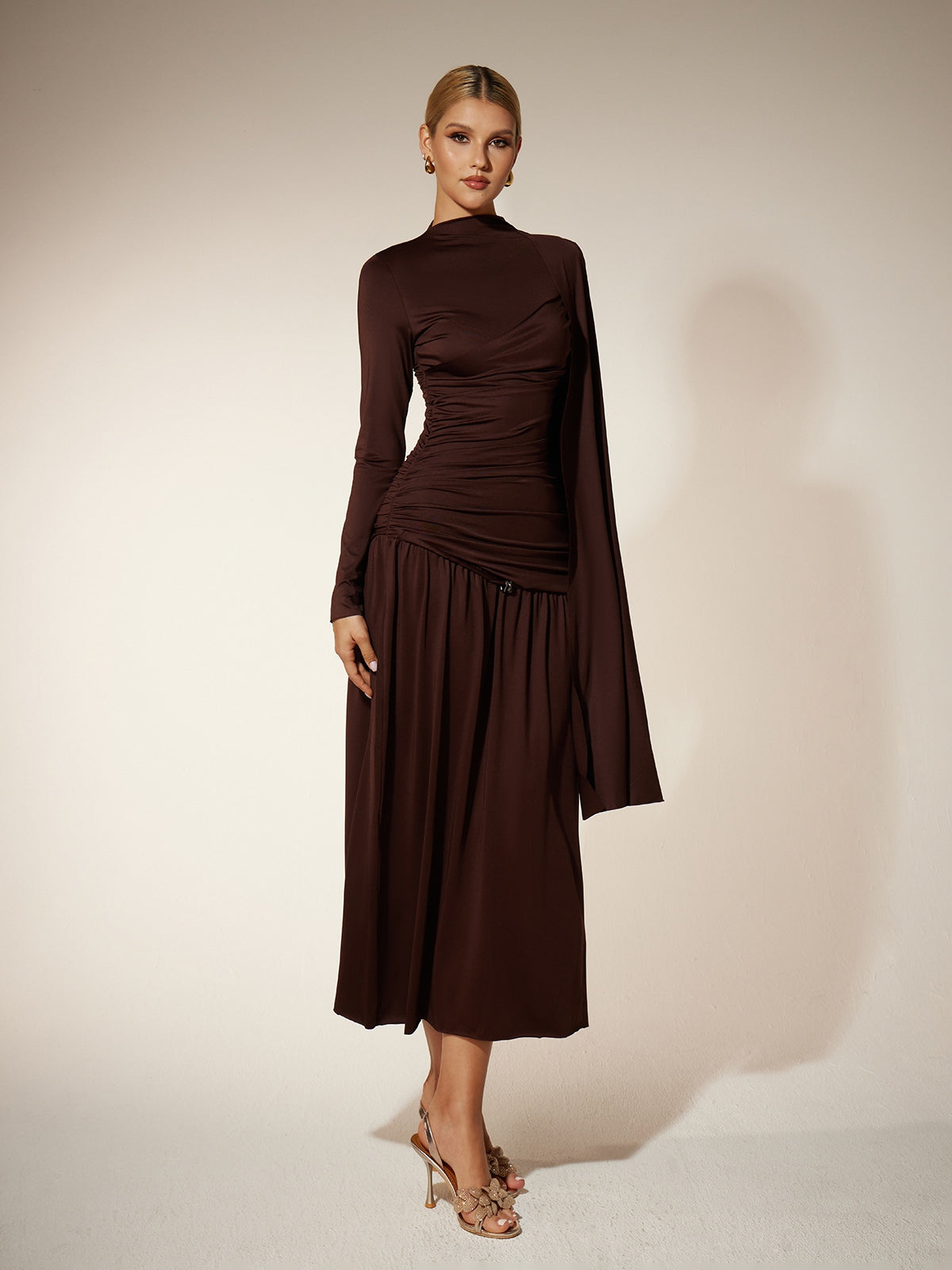 Eitan Long Sleeve Ruched Draped Midi Dress