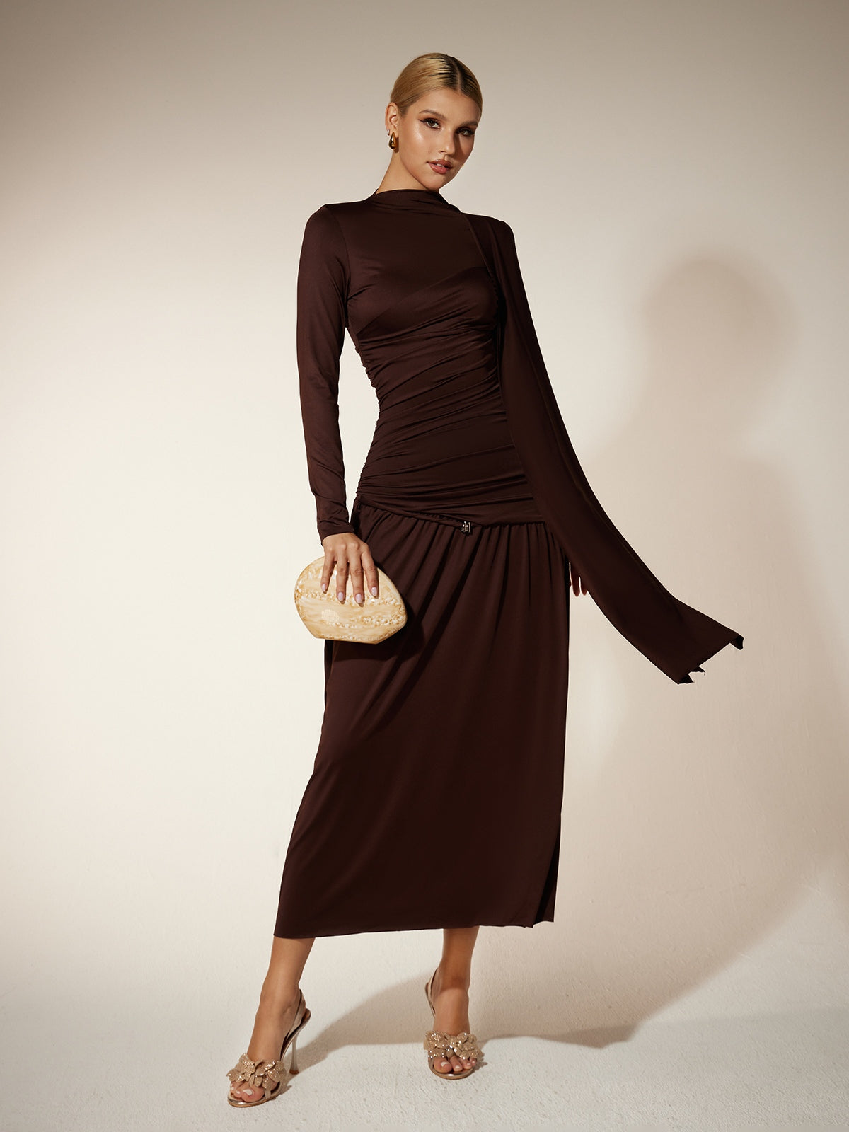 Eitan Long Sleeve Ruched Draped Midi Dress