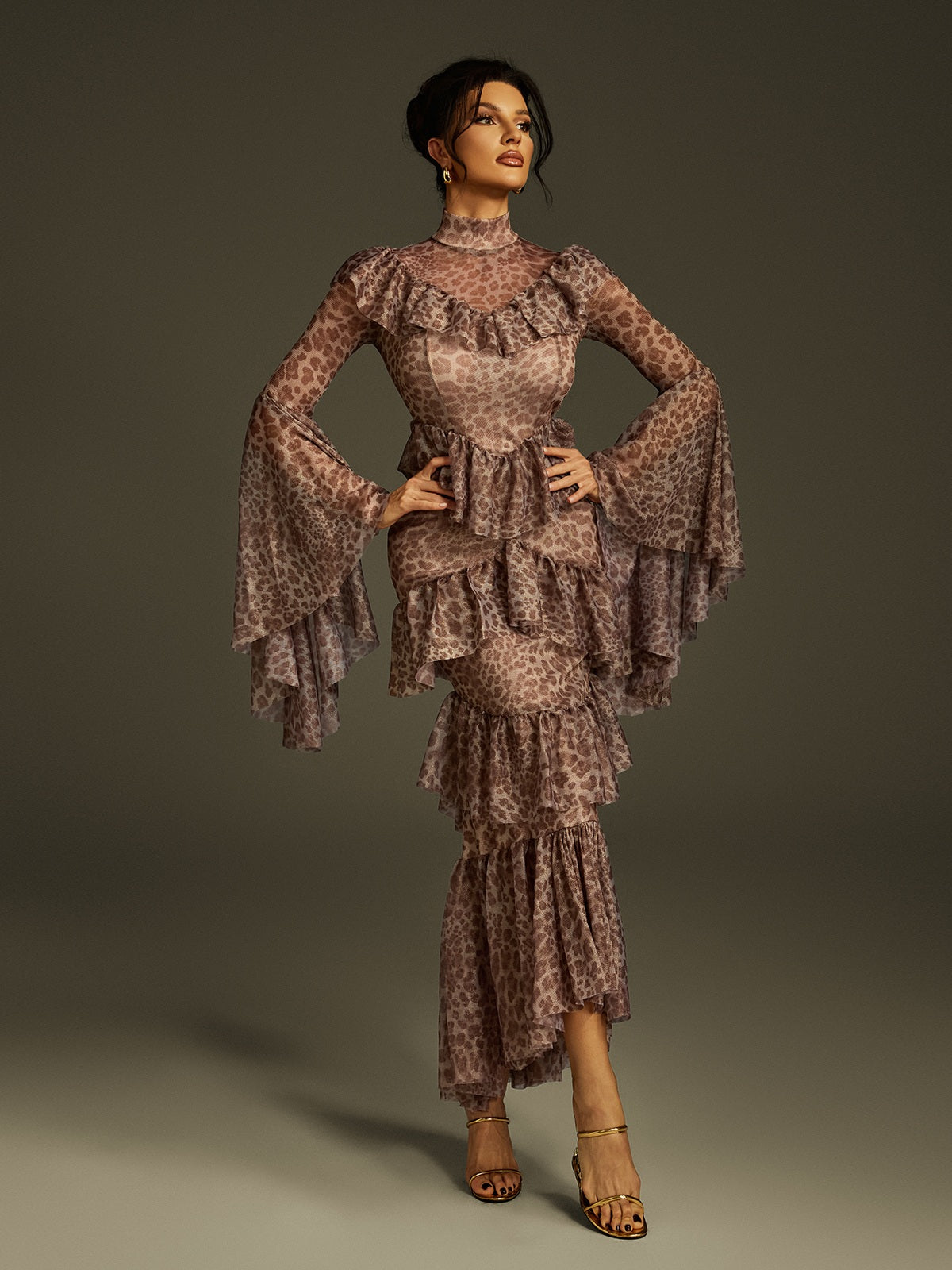 Astrophel Bell Sleeve Leopard Midi Dress