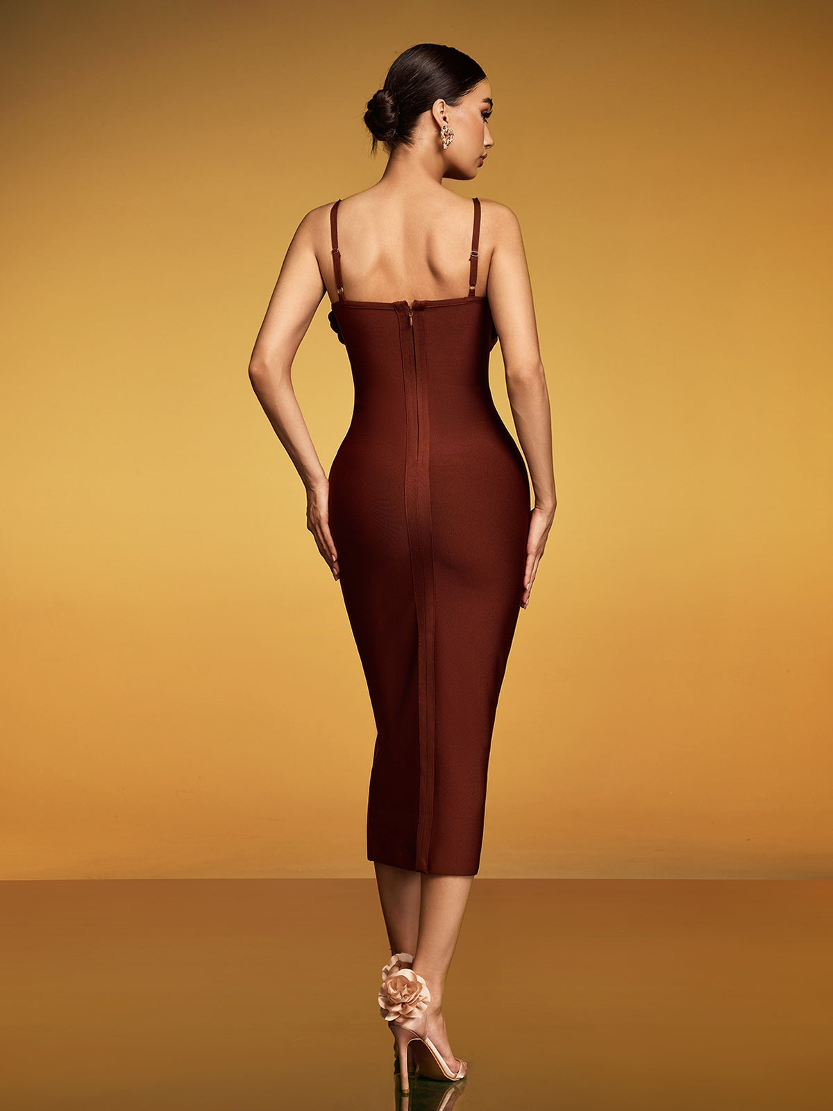 Drusite Spaghetti Flower Bandage Midi Dress