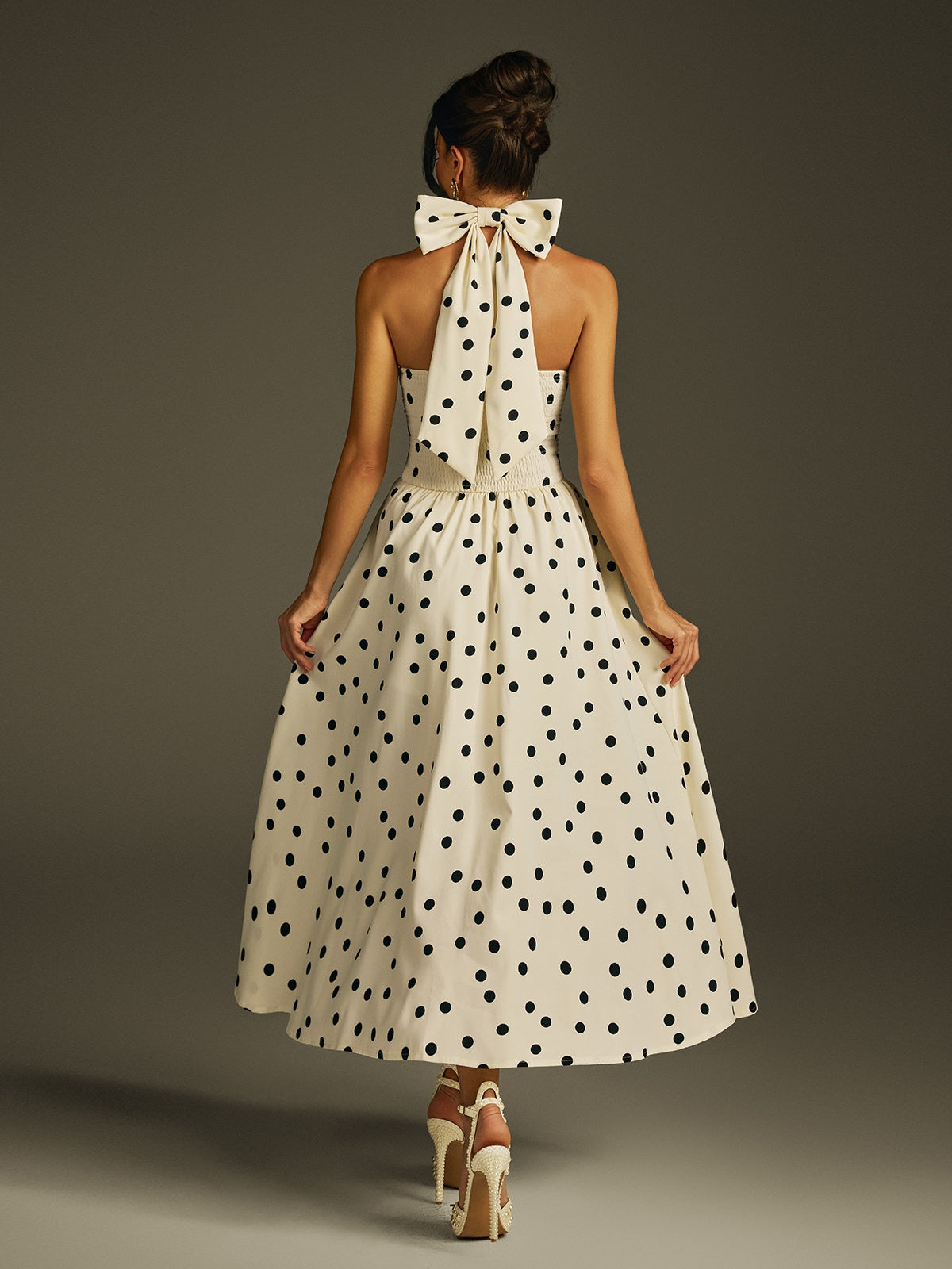 Ilyxra Halterneck Bow Split Dot Midi Dress