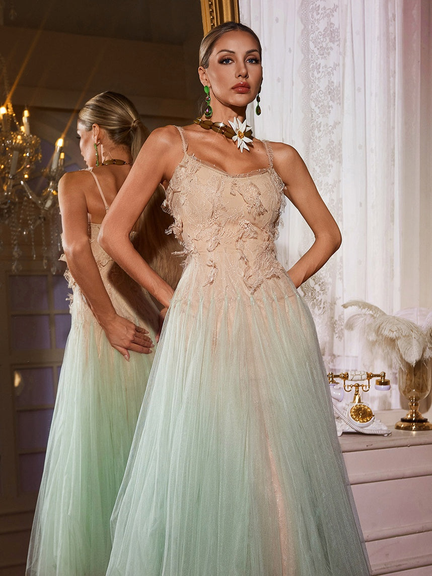 Qaldrex Spaghetti Ombre Lace Midi Dress