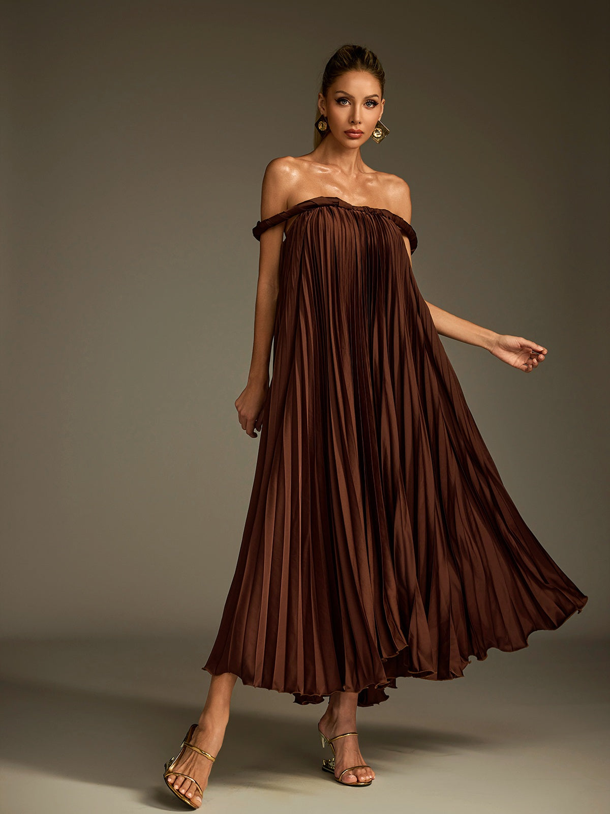 Lucetta Off Shoulder Pleated Midi Dress