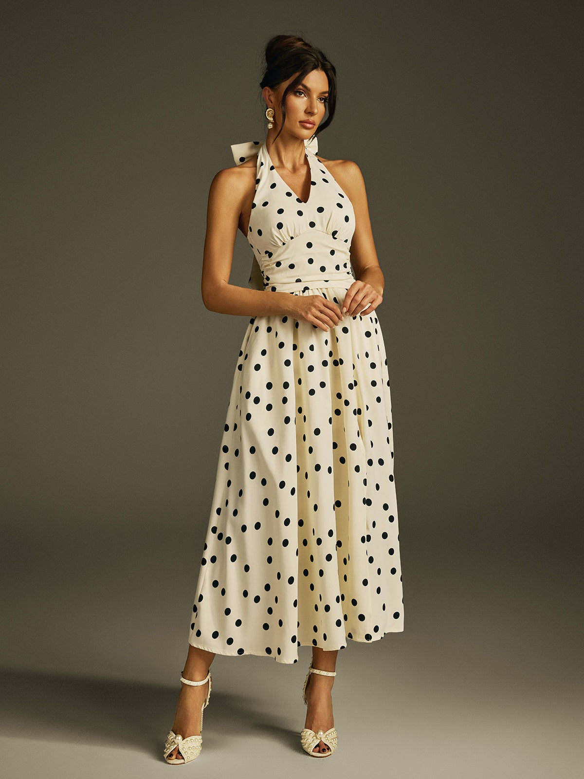 Ilyxra Halterneck Bow Split Dot Midi Dress