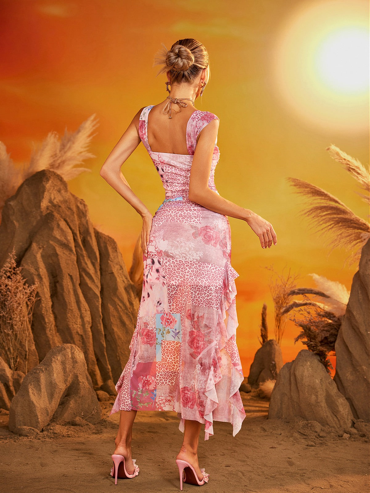 Drazion Ruched Floral Leopard Split Midi Dress