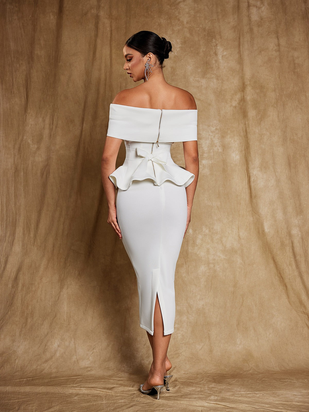 Augustus Off Shoulder Flounce Midi Dress In White