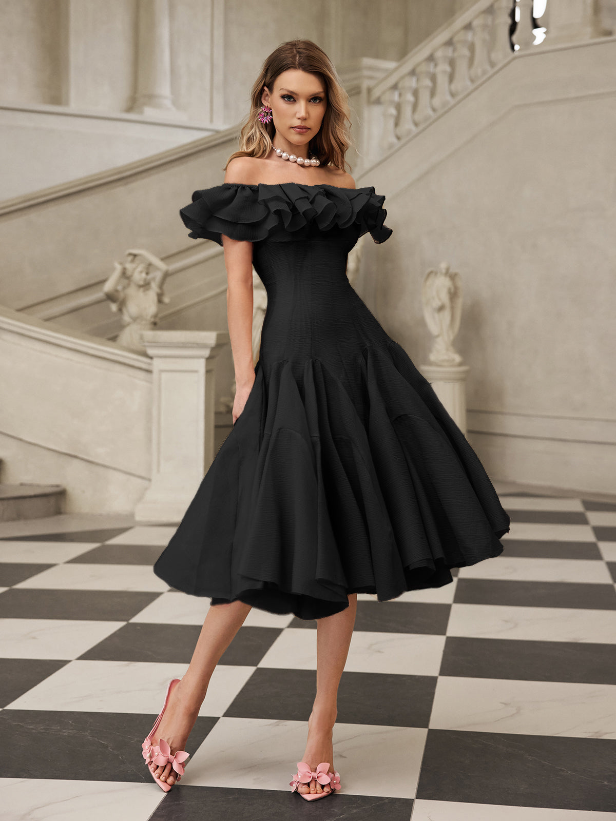 Gaelthar Off Shoulder Ruffle Midi Dress In Black