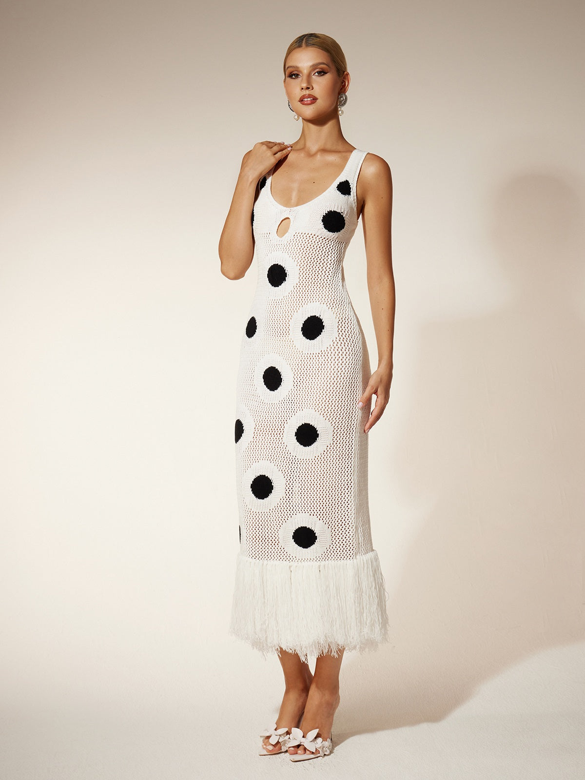 Gaelion Dot Fringe Knitted Midi Dress In White